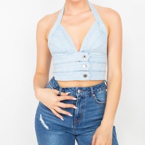 Denim Halter Neck Seamed Crop Top